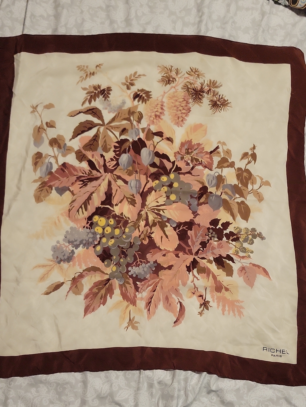 Richel Floral Silk-Style Scarf in Cream and Brown